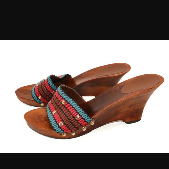Vintage Gucci Multicolored Woven Gold Studs Wood Wedge Sandals - Picture 9 of 9
